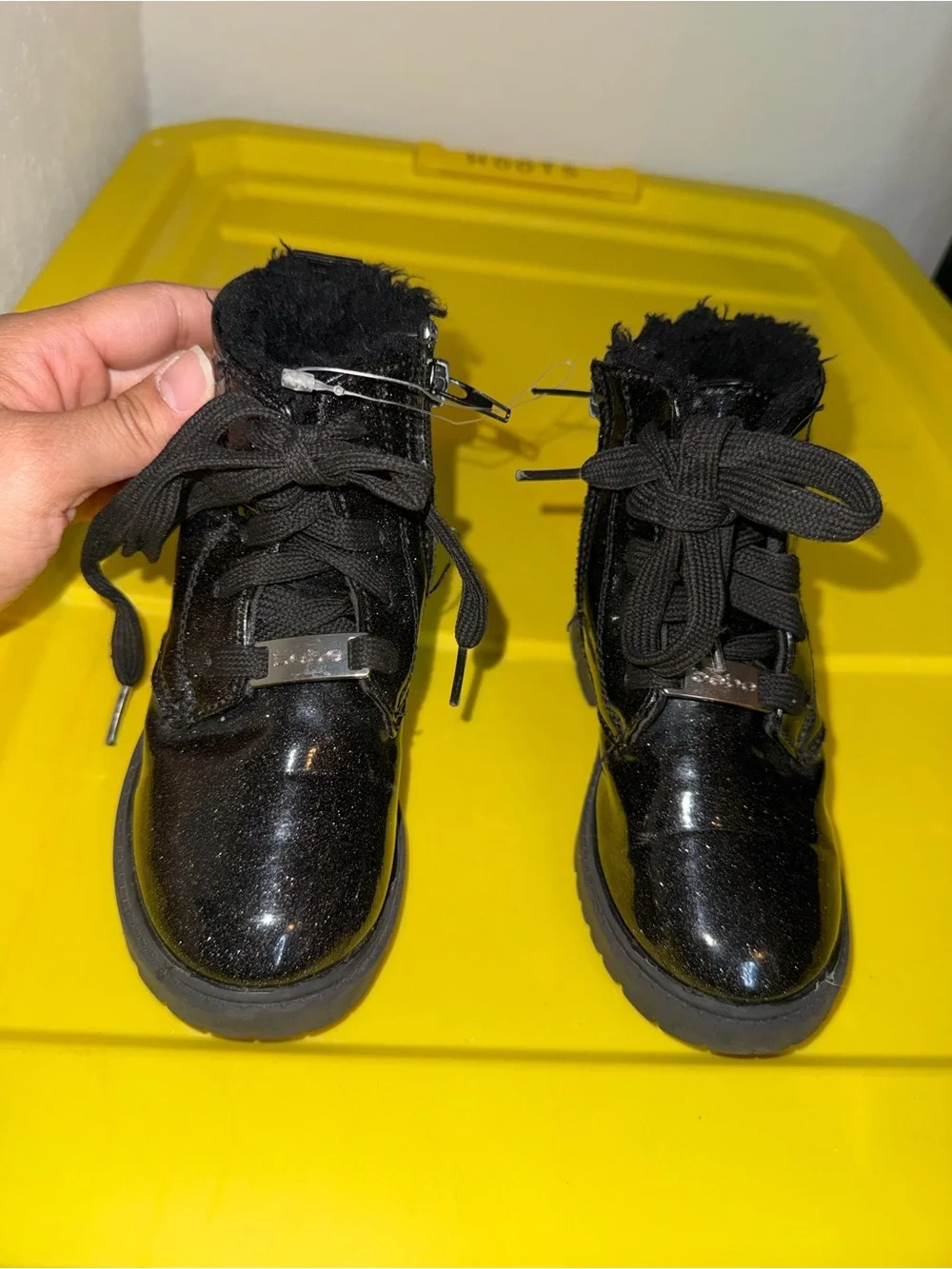 Girls BEBE Black Glitter Lace Up Fur Lined Boots